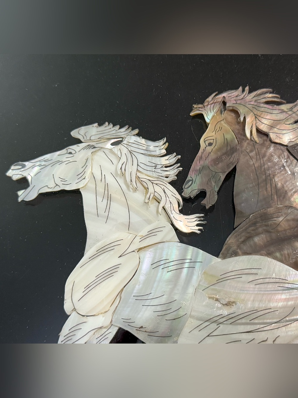 Vintage Mother of Pearl Running Horses Inlay Lacquer Wood Frame East Asian Decor